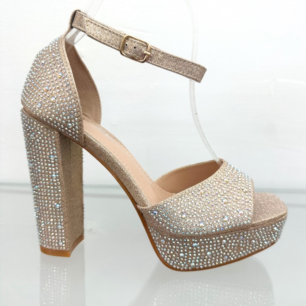 Champagne Rhinestones Open Toe Platform Heels - Picture 4 of 4